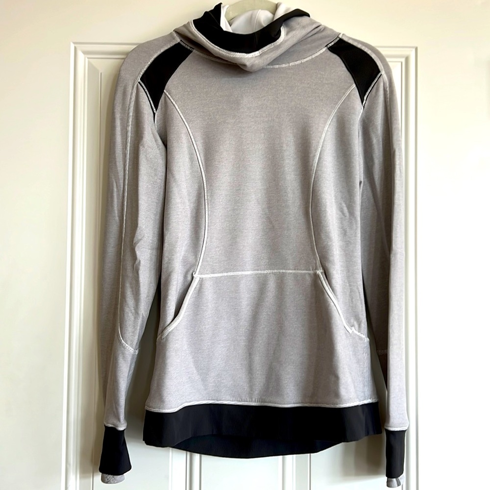 Vintage lululemon warm funnel neck hooded long run top grey wee stripe sz 6
